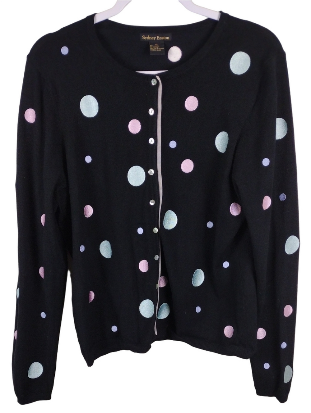 Sydney Easton Vintage Black Pastel Polka Dot Button Front Knit Cardigan Sweater
